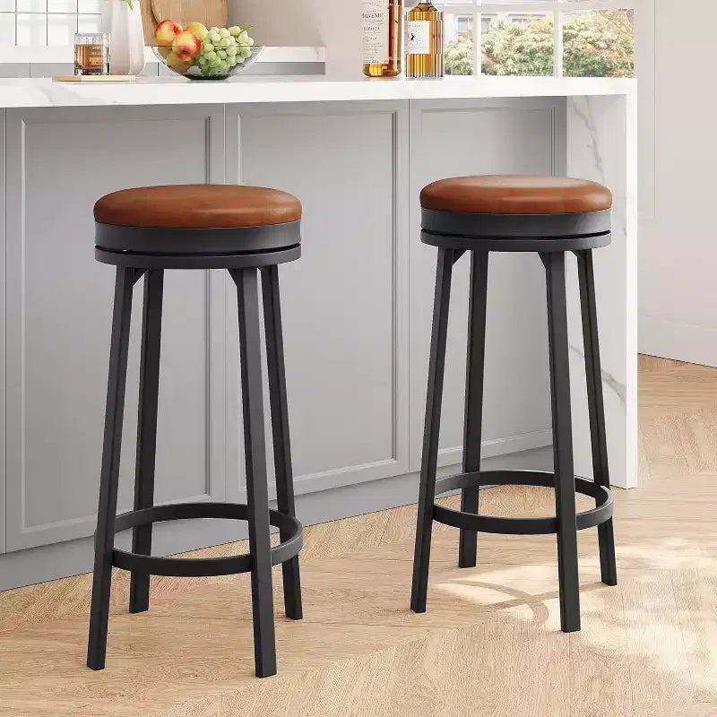 Set of 2 Backless Swivel Bar Stools 30 Inch, Counter Height Kitchen Stools with Footrest, Waterproof PU Leather Seat for Kitchen Island and Home Bar