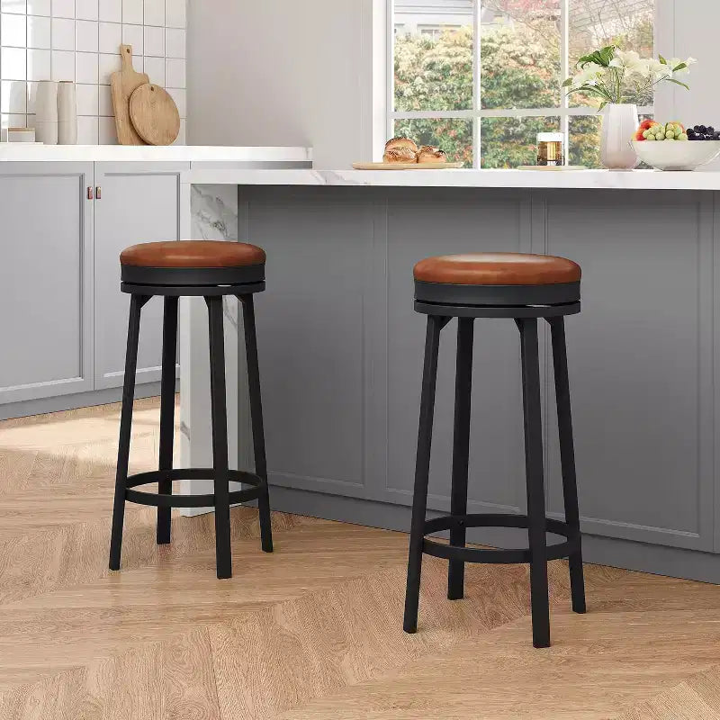 Set of 2 Backless Swivel Bar Stools 30 Inch, Counter Height Kitchen Stools with Footrest, Waterproof PU Leather Seat for Kitchen Island and Home Bar