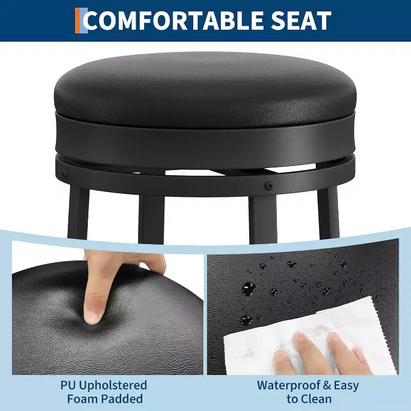 Set of 2 Backless Swivel Bar Stools 30 Inch, Counter Height Kitchen Stools with Footrest, Waterproof PU Leather Seat for Kitchen Island and Home Bar