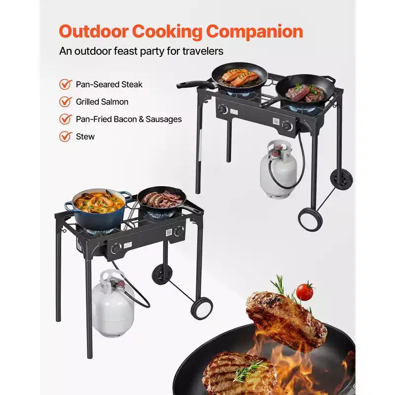 VEVOR 2 Burner Outdoor Propane Gas Stove, 150,000 BTU Propane LPG Gas Camping Stove with 2 Wheels & 20 PSI Regulator & Hose, Black