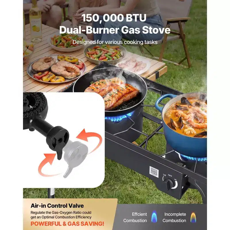 VEVOR 2 Burner Outdoor Propane Gas Stove, 150,000 BTU Propane LPG Gas Camping Stove with 2 Wheels & 20 PSI Regulator & Hose, Black