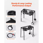 VEVOR 2 Burner Outdoor Propane Gas Stove, 150,000 BTU Propane LPG Gas Camping Stove with 2 Wheels & 20 PSI Regulator & Hose, Black