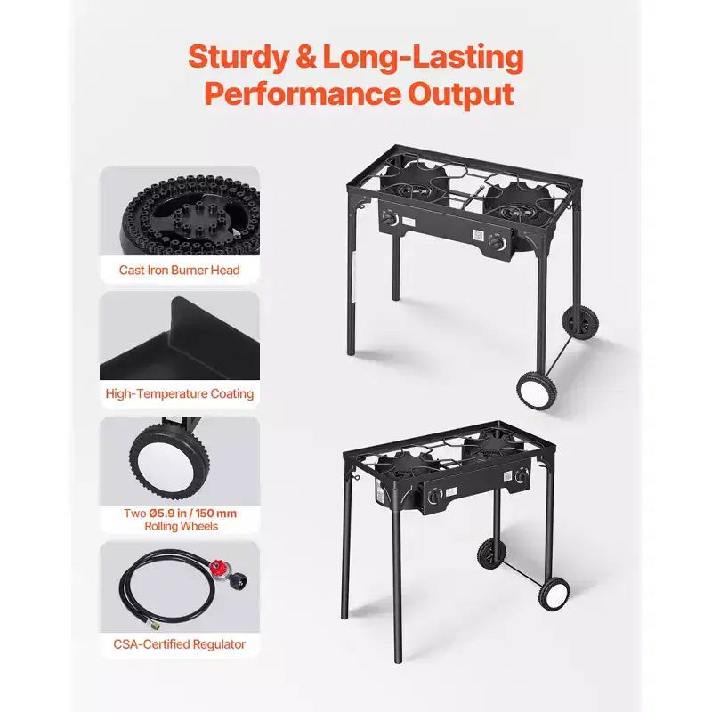 VEVOR 2 Burner Outdoor Propane Gas Stove, 150,000 BTU Propane LPG Gas Camping Stove with 2 Wheels & 20 PSI Regulator & Hose, Black