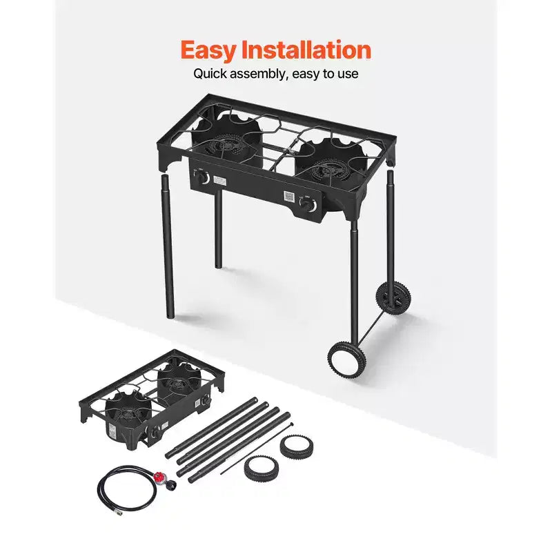 VEVOR 2 Burner Outdoor Propane Gas Stove, 150,000 BTU Propane LPG Gas Camping Stove with 2 Wheels & 20 PSI Regulator & Hose, Black