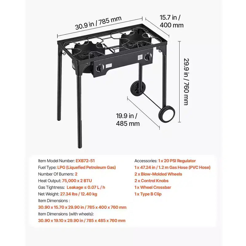 VEVOR 2 Burner Outdoor Propane Gas Stove, 150,000 BTU Propane LPG Gas Camping Stove with 2 Wheels & 20 PSI Regulator & Hose, Black