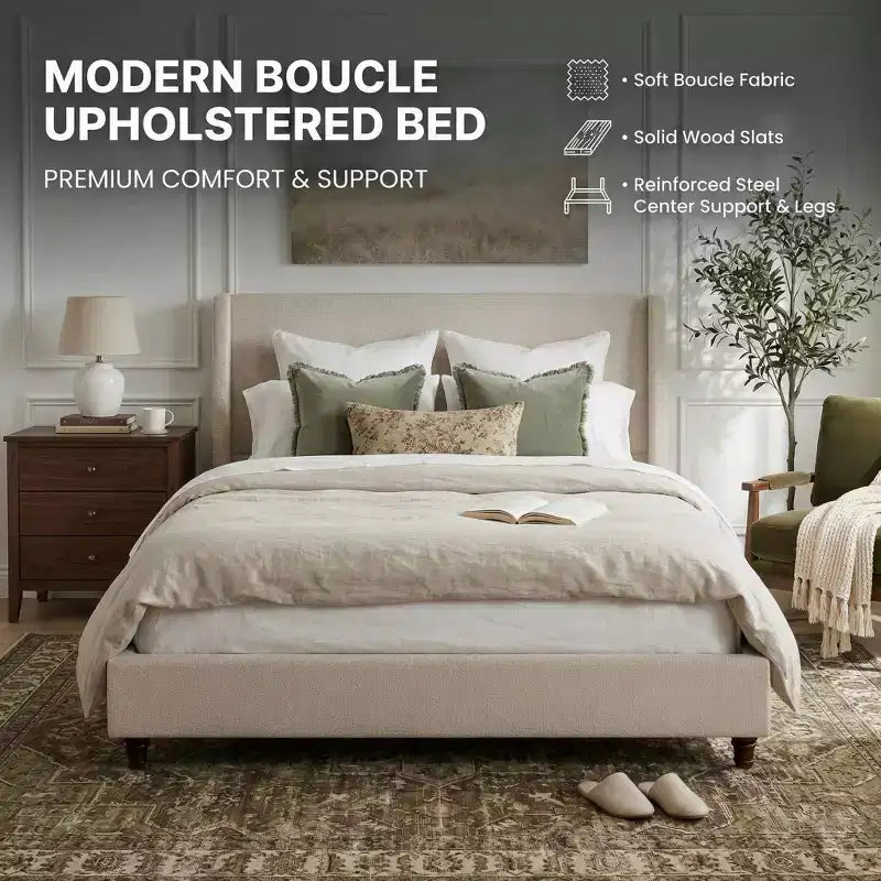 Christopher Knight Home Johnny Modern Boucle Upholstered Platform Bed with Wingback Headboard