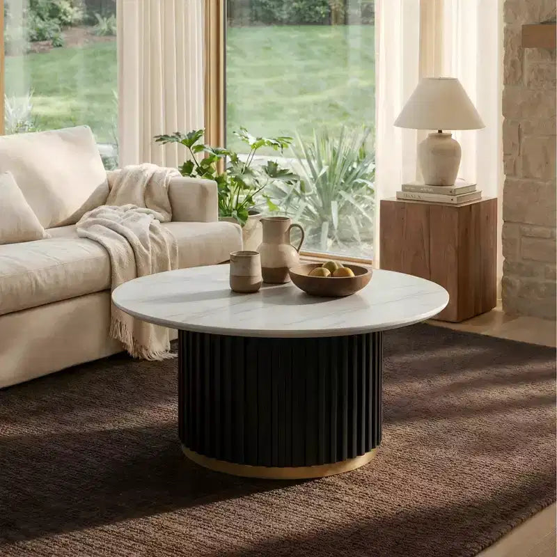 Christopher Knight Home Mustafa Modern Wood and Iron Round Coffee Table with Fluted Pedestal Base
