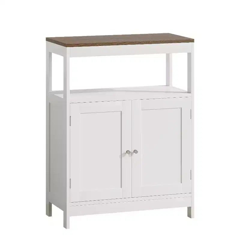 Modern Storage Cabinet with Double Doors, Freestanding Bathroom Organizer with Adjustable Shelf and Wood Top for Kitchen, Entryway, White