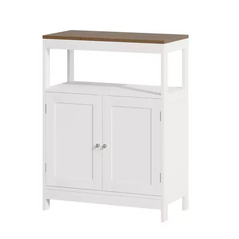 Modern Storage Cabinet with Double Doors, Freestanding Bathroom Organizer with Adjustable Shelf and Wood Top for Kitchen, Entryway, White