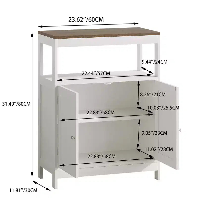 Modern Storage Cabinet with Double Doors, Freestanding Bathroom Organizer with Adjustable Shelf and Wood Top for Kitchen, Entryway, White