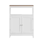 Modern Storage Cabinet with Double Doors, Freestanding Bathroom Organizer with Adjustable Shelf and Wood Top for Kitchen, Entryway, White