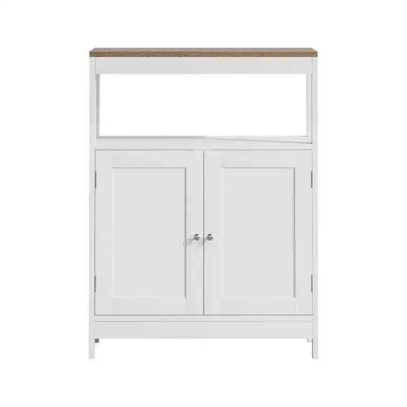 Modern Storage Cabinet with Double Doors, Freestanding Bathroom Organizer with Adjustable Shelf and Wood Top for Kitchen, Entryway, White