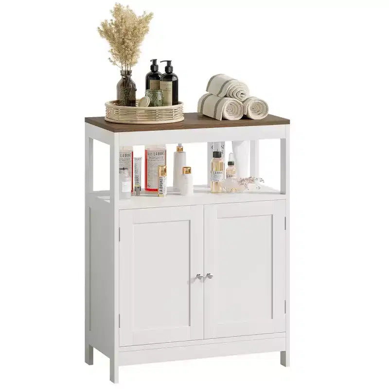 Modern Storage Cabinet with Double Doors, Freestanding Bathroom Organizer with Adjustable Shelf and Wood Top for Kitchen, Entryway, White