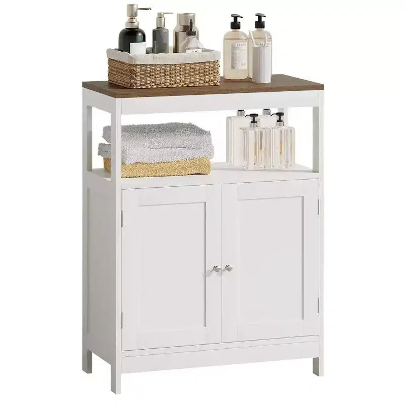 Modern Storage Cabinet with Double Doors, Freestanding Bathroom Organizer with Adjustable Shelf and Wood Top for Kitchen, Entryway, White