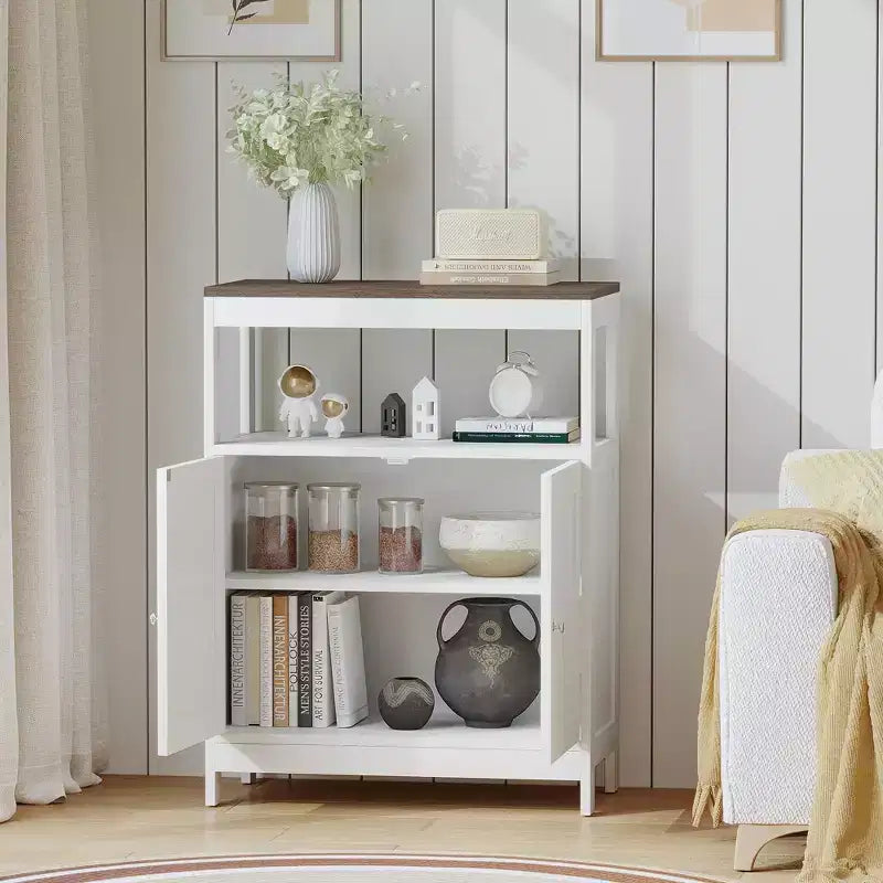 Modern Storage Cabinet with Double Doors, Freestanding Bathroom Organizer with Adjustable Shelf and Wood Top for Kitchen, Entryway, White