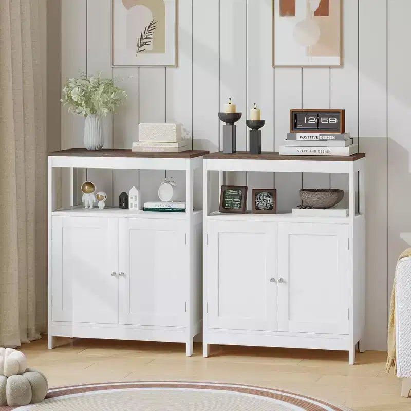 Modern Storage Cabinet with Double Doors, Freestanding Bathroom Organizer with Adjustable Shelf and Wood Top for Kitchen, Entryway, White