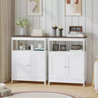 Modern Storage Cabinet with Double Doors, Freestanding Bathroom Organizer with Adjustable Shelf and Wood Top for Kitchen, Entryway, White