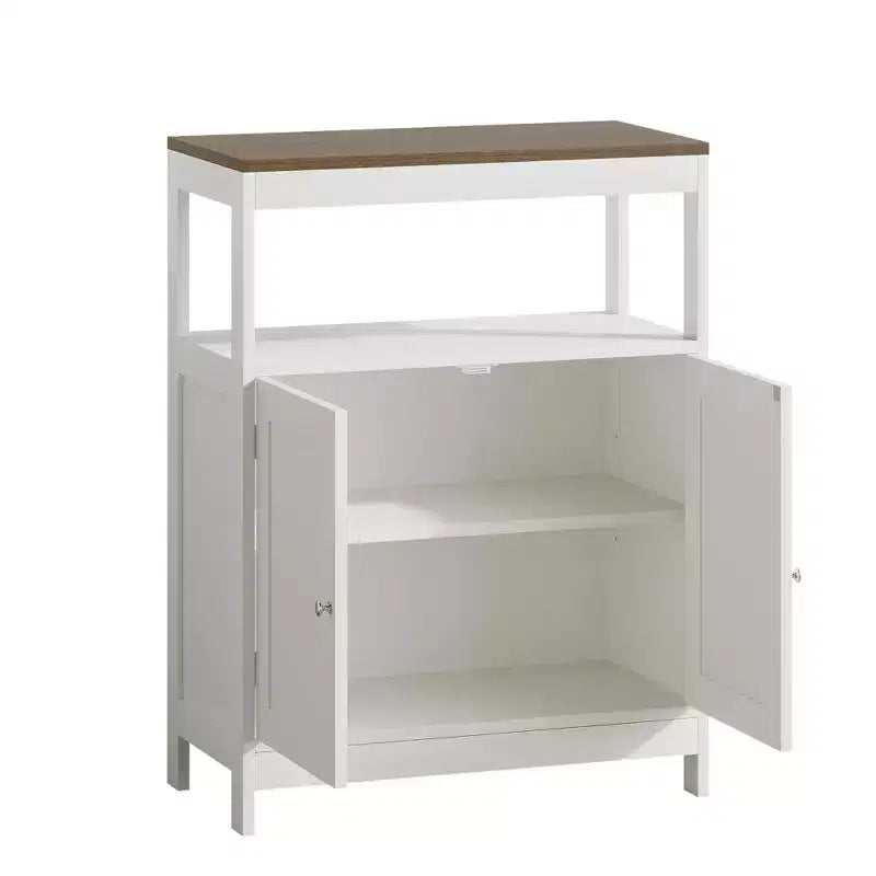 Modern Storage Cabinet with Double Doors, Freestanding Bathroom Organizer with Adjustable Shelf and Wood Top for Kitchen, Entryway, White