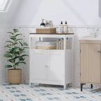 Modern Storage Cabinet with Double Doors, Freestanding Bathroom Organizer with Adjustable Shelf and Wood Top for Kitchen, Entryway, White