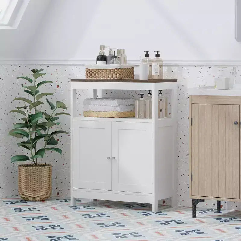 Modern Storage Cabinet with Double Doors, Freestanding Bathroom Organizer with Adjustable Shelf and Wood Top for Kitchen, Entryway, White