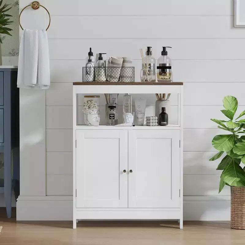 Modern Storage Cabinet with Double Doors, Freestanding Bathroom Organizer with Adjustable Shelf and Wood Top for Kitchen, Entryway, White
