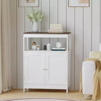 Modern Storage Cabinet with Double Doors, Freestanding Bathroom Organizer with Adjustable Shelf and Wood Top for Kitchen, Entryway, White