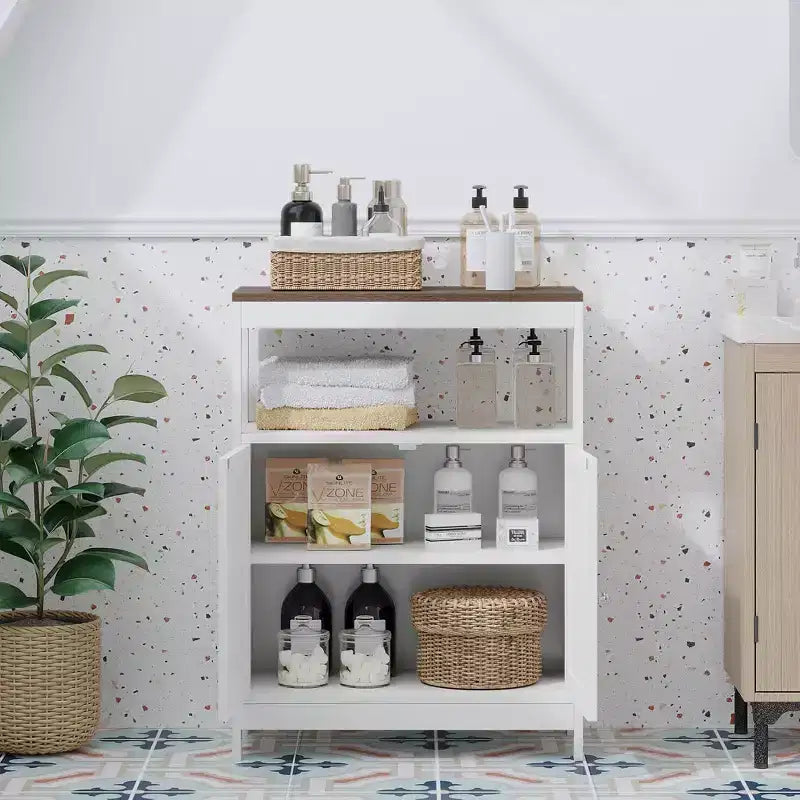 Modern Storage Cabinet with Double Doors, Freestanding Bathroom Organizer with Adjustable Shelf and Wood Top for Kitchen, Entryway, White