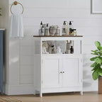 Modern Storage Cabinet with Double Doors, Freestanding Bathroom Organizer with Adjustable Shelf and Wood Top for Kitchen, Entryway, White