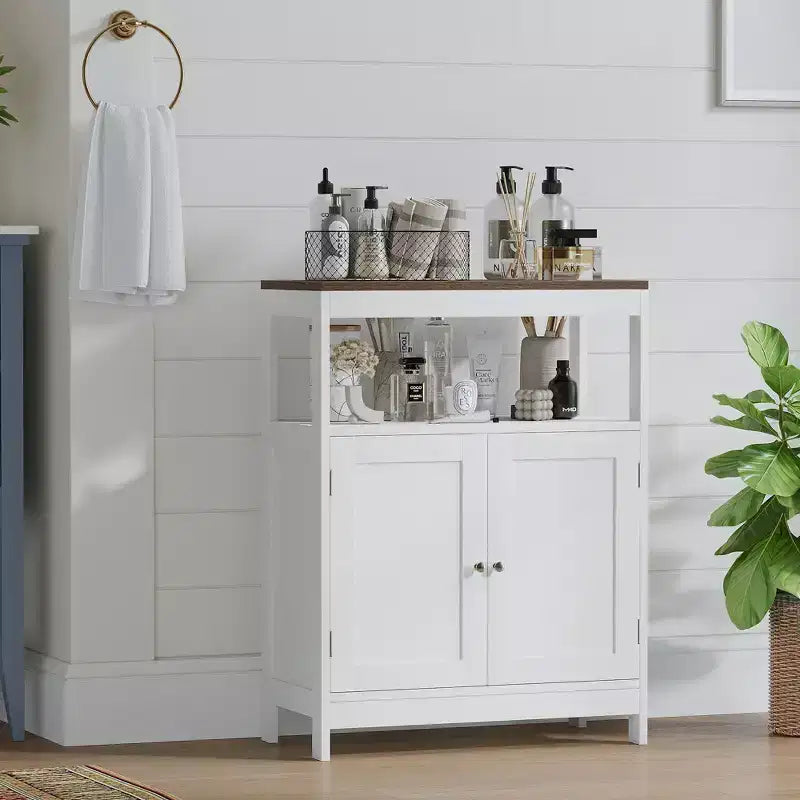 Modern Storage Cabinet with Double Doors, Freestanding Bathroom Organizer with Adjustable Shelf and Wood Top for Kitchen, Entryway, White