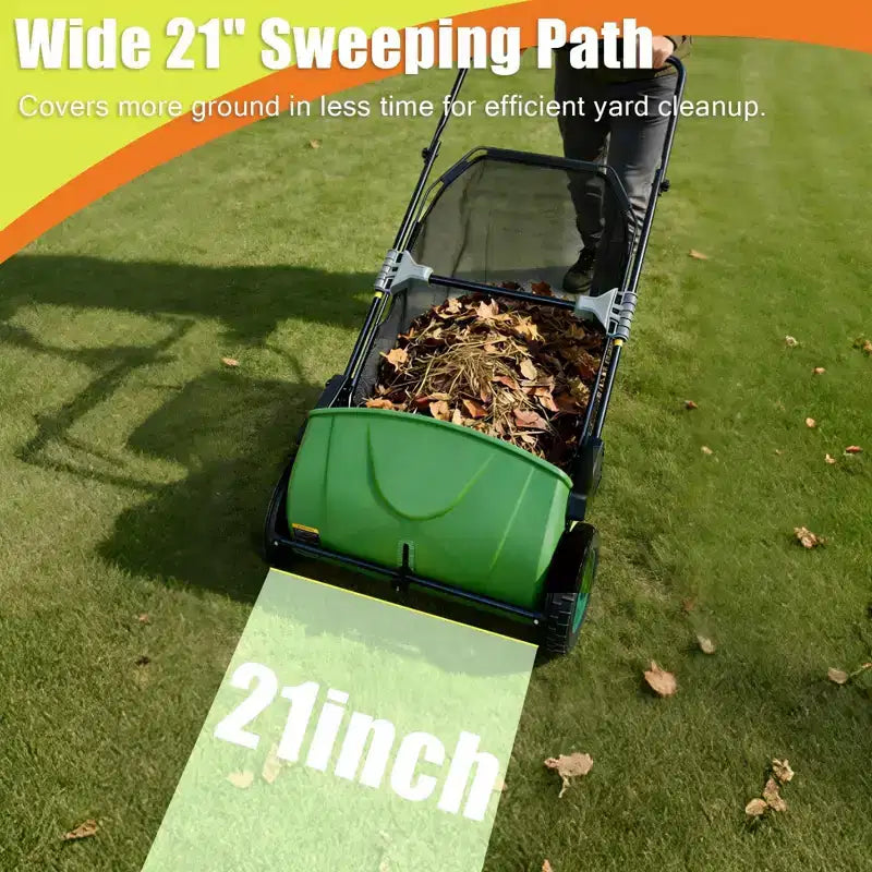 Manual Push Lawn Sweeper 21 in , Yard Leaf Debris Collector with 3.5 Cu. Ft. Collection Bag, Adjustable Brush Height for Lawns , Dark Green