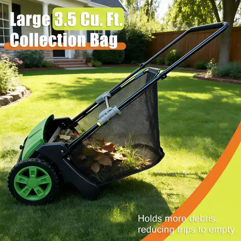 Manual Push Lawn Sweeper 21 in , Yard Leaf Debris Collector with 3.5 Cu. Ft. Collection Bag, Adjustable Brush Height for Lawns , Dark Green