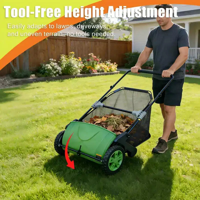 Manual Push Lawn Sweeper 21 in , Yard Leaf Debris Collector with 3.5 Cu. Ft. Collection Bag, Adjustable Brush Height for Lawns , Dark Green