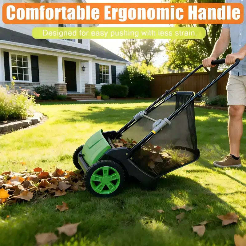Manual Push Lawn Sweeper 21 in , Yard Leaf Debris Collector with 3.5 Cu. Ft. Collection Bag, Adjustable Brush Height for Lawns , Dark Green