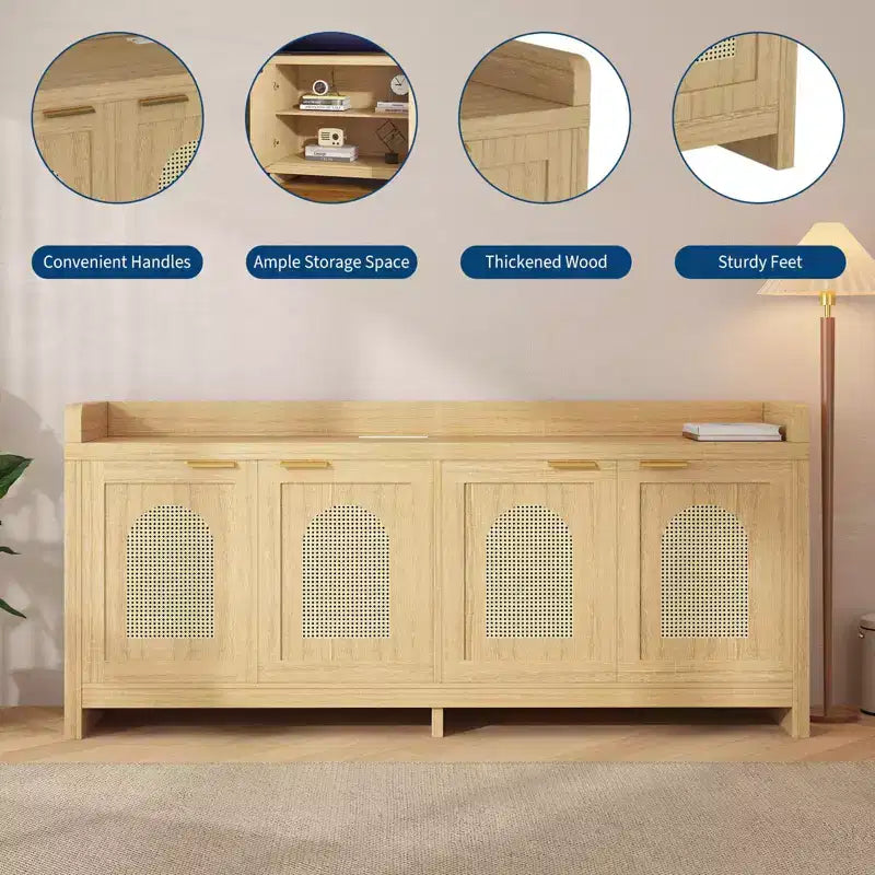Modern Rattan TV Stand Entertainment Center, Glass Doors, Storage Cabinets, for Living Room, Home