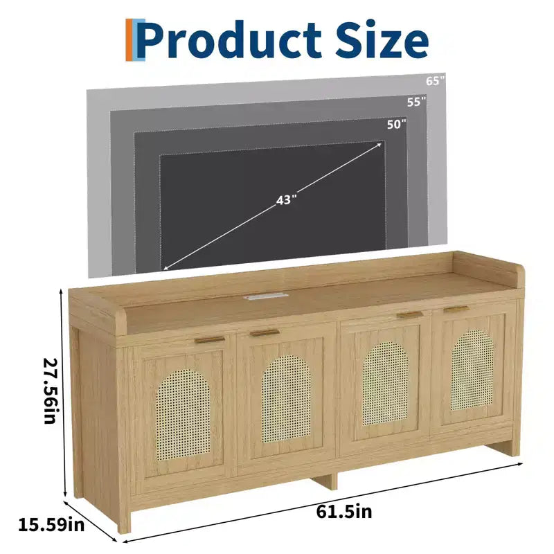 Modern Rattan TV Stand Entertainment Center, Glass Doors, Storage Cabinets, for Living Room, Home