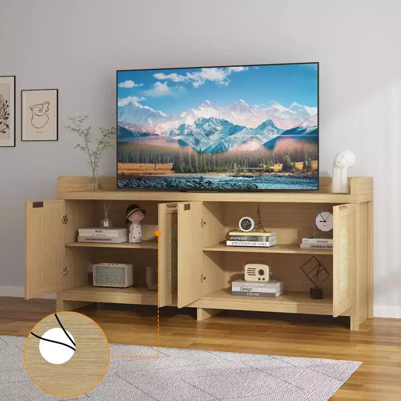 Modern Rattan TV Stand Entertainment Center, Glass Doors, Storage Cabinets, for Living Room, Home