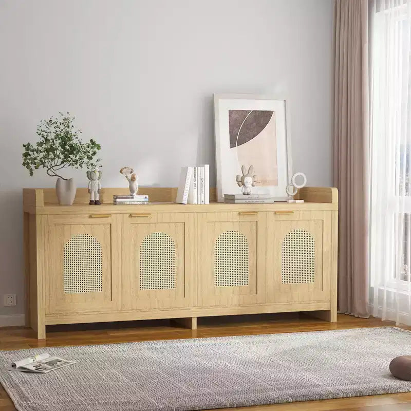 Modern Rattan TV Stand Entertainment Center, Glass Doors, Storage Cabinets, for Living Room, Home