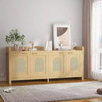 Modern Rattan TV Stand Entertainment Center, Glass Doors, Storage Cabinets, for Living Room, Home