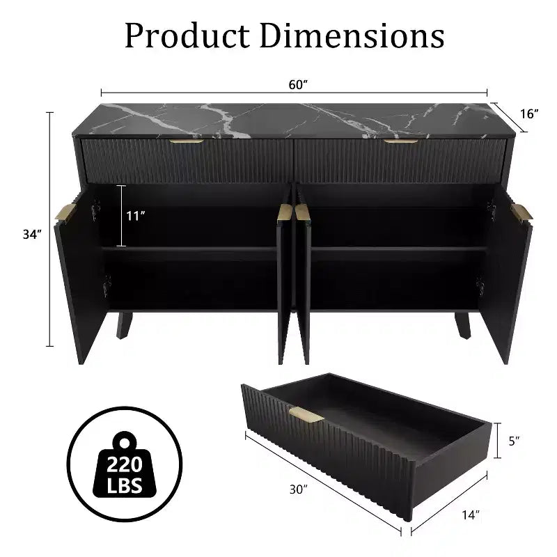 Buffet Sideboard, 2 Drawers, 4 Doors, Adjustable Shelves, Storage, for Home, Living Room