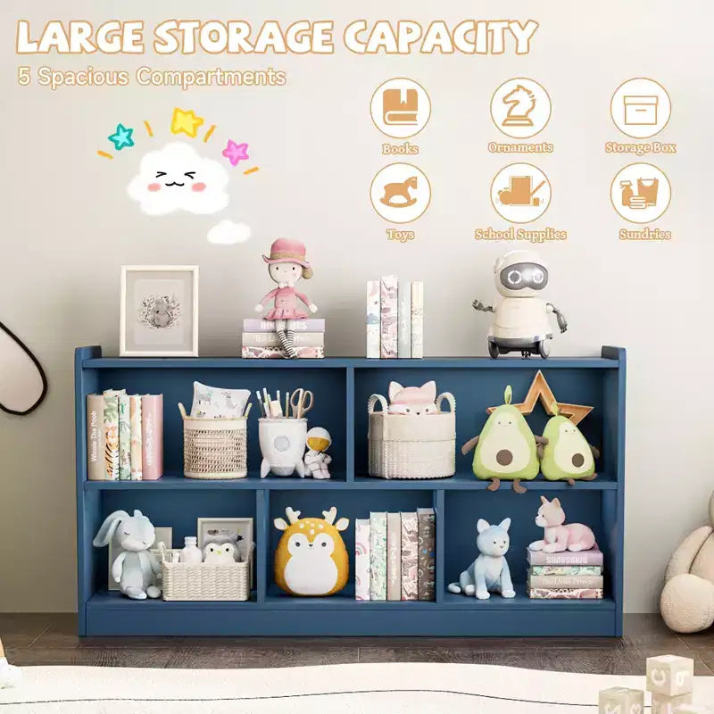 Wooden Kids Storage Cabinet with 5 Sections, Montessori Bookshelf and Toy Organizer for Nursery, Playroom, Classroom & Bedroom