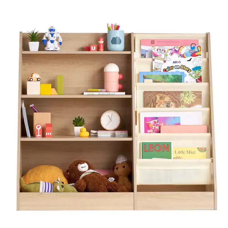 4-Tier Kids Bookshelf and Toy Storage Organizer with 6-Layer Sling Book Rack for Playroom, Nursery, Kindergarten & Bedroom