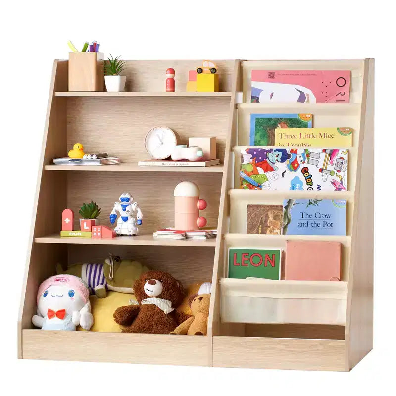 4-Tier Kids Bookshelf and Toy Storage Organizer with 6-Layer Sling Book Rack for Playroom, Nursery, Kindergarten & Bedroom