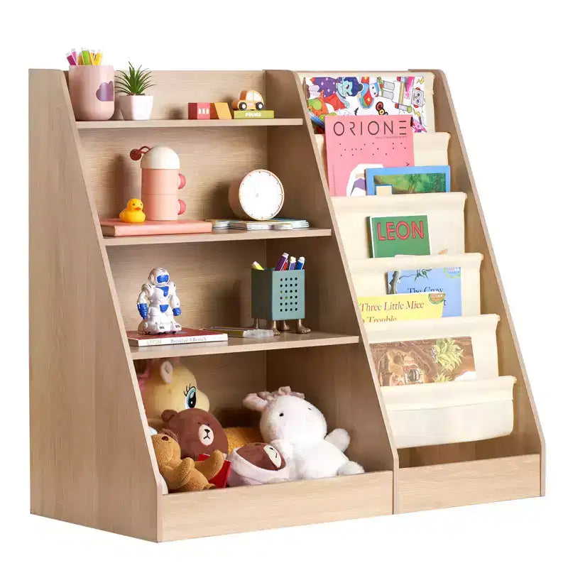 4-Tier Kids Bookshelf and Toy Storage Organizer with 6-Layer Sling Book Rack for Playroom, Nursery, Kindergarten & Bedroom