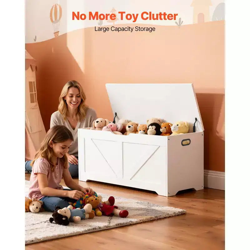 Kids Storage Bench with Safety Hinge, Wooden Toy Box Chest and Seating Bench for Playroom, Bedroom, Entryway or Living Room, White