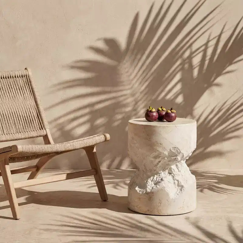 Handcrafted Faux Travertine White Side Table - 13.8 Round Concrete Top, 200lbs Capacity, Weather-Resistant, Indoor/Outdoor No-Assembly Use