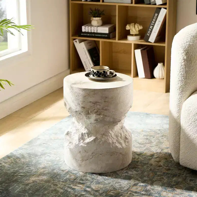 Handcrafted Faux Travertine White Side Table - 13.8 Round Concrete Top, 200lbs Capacity, Weather-Resistant, Indoor/Outdoor No-Assembly Use