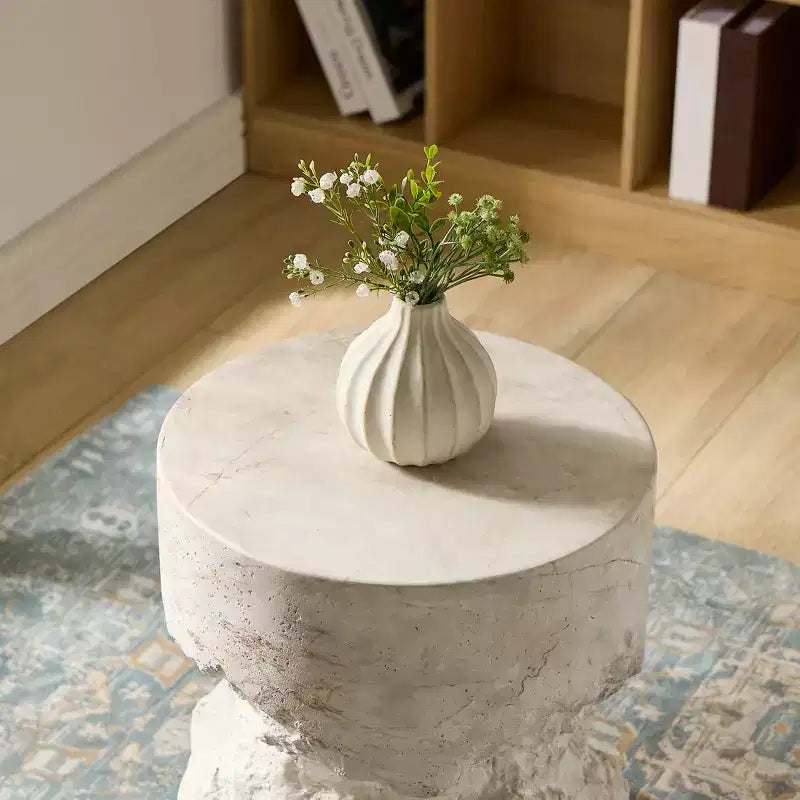 Handcrafted Faux Travertine White Side Table - 13.8 Round Concrete Top, 200lbs Capacity, Weather-Resistant, Indoor/Outdoor No-Assembly Use