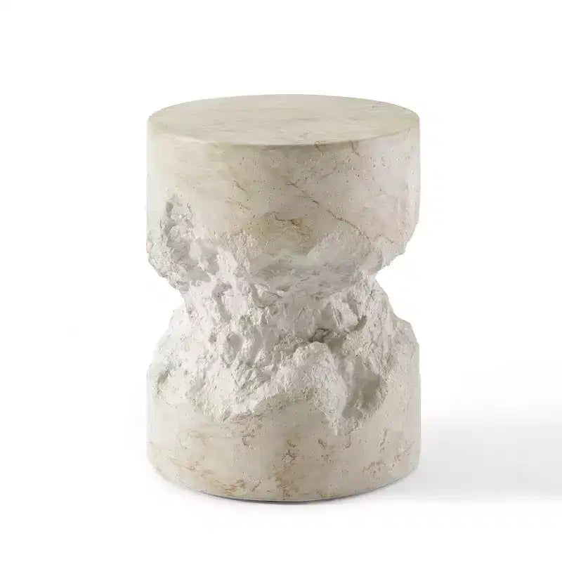 Handcrafted Faux Travertine White Side Table - 13.8 Round Concrete Top, 200lbs Capacity, Weather-Resistant, Indoor/Outdoor No-Assembly Use