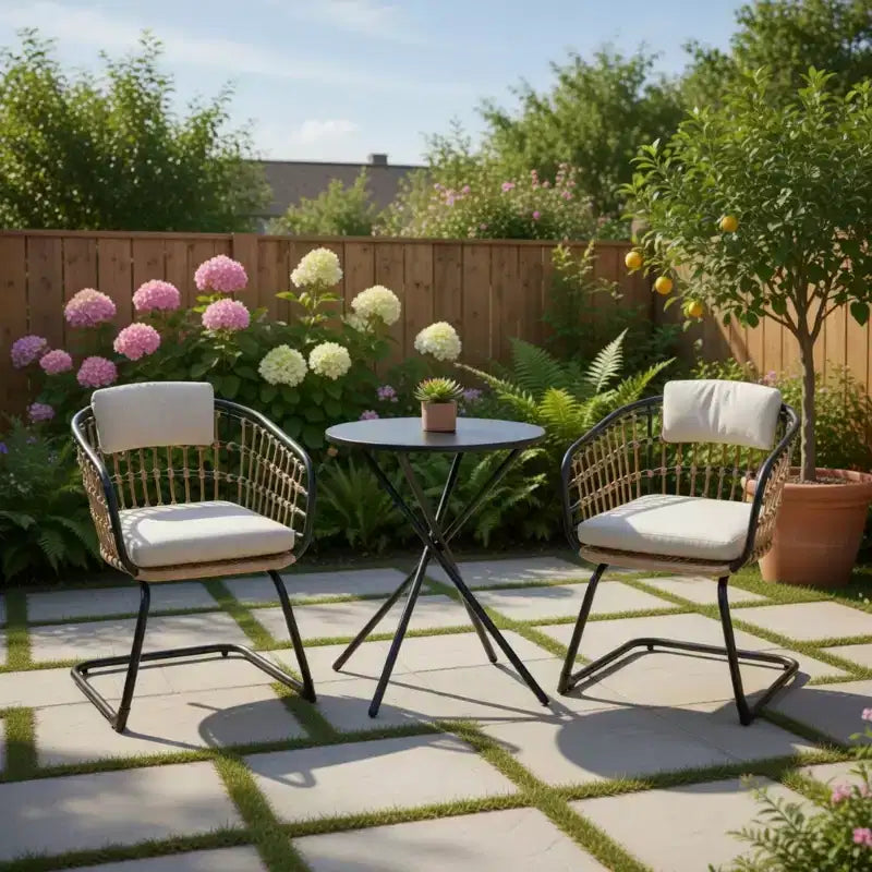 GDFStudio Riane 3 Piece Outdoor Wicker and Iron Bistro Set with Cushions