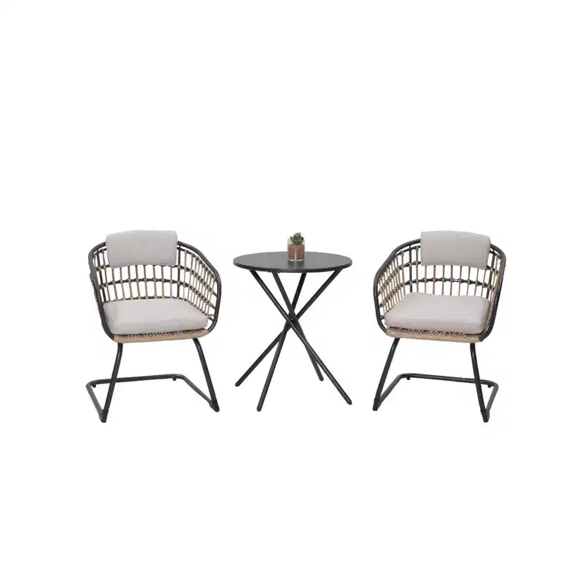 GDFStudio Riane 3 Piece Outdoor Wicker and Iron Bistro Set with Cushions